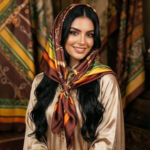 Image of DRESHOW 35 inch Large Square Satin Head Scarf - 4Pcs Silk Accessories Classic Patterned Squares Beach Bandanas for Women