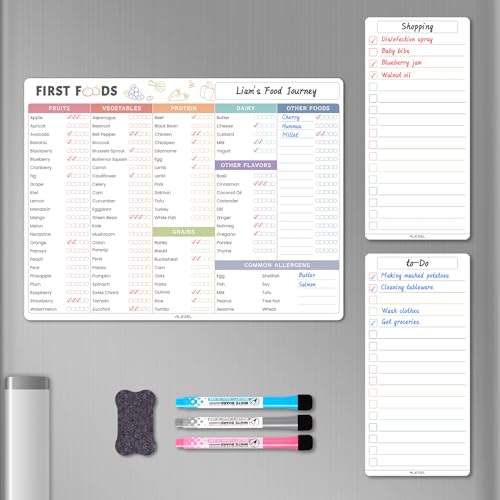 Image of ALEZEL Baby First Food Tracker for Fridge, Magnetic Dry Erase Baby Foods Chart, Includes Foods Checklist Magnet with 2 List Boards, 3 Markers + Eraser