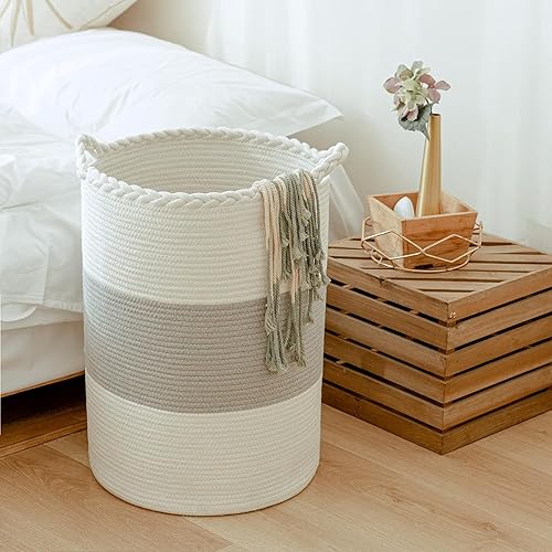 Image of ALBY Woven,Tall Wicker Laundry Basket for Blankets,Clothes,Pillows,Toys,Shoes Large Cotton Laundry Hamper for Bedroom Living Room Bathroom Nursery (12''D x 15''H INCH, GreyA)