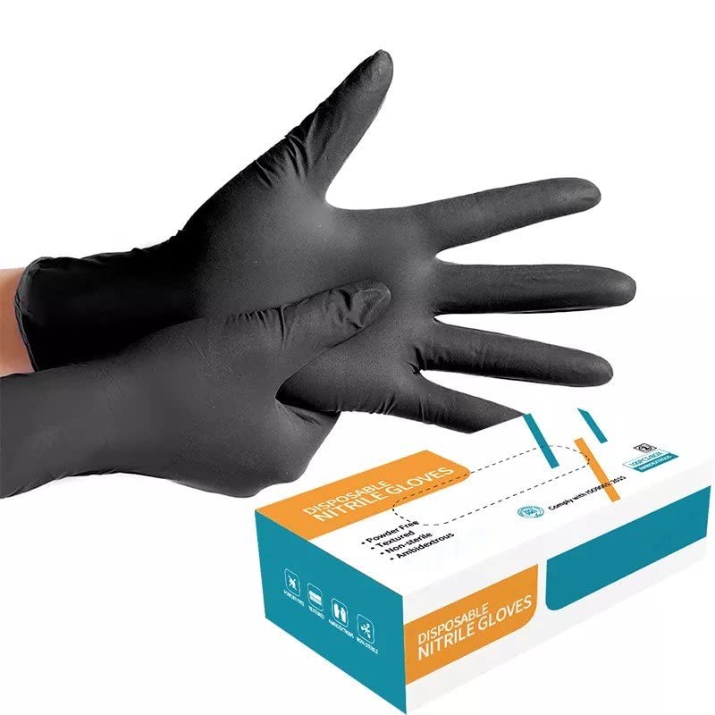 Pure Nitrile Disposable Gloves BLACK (size Medium) 100 PCS/Box Powder Free Latex Free