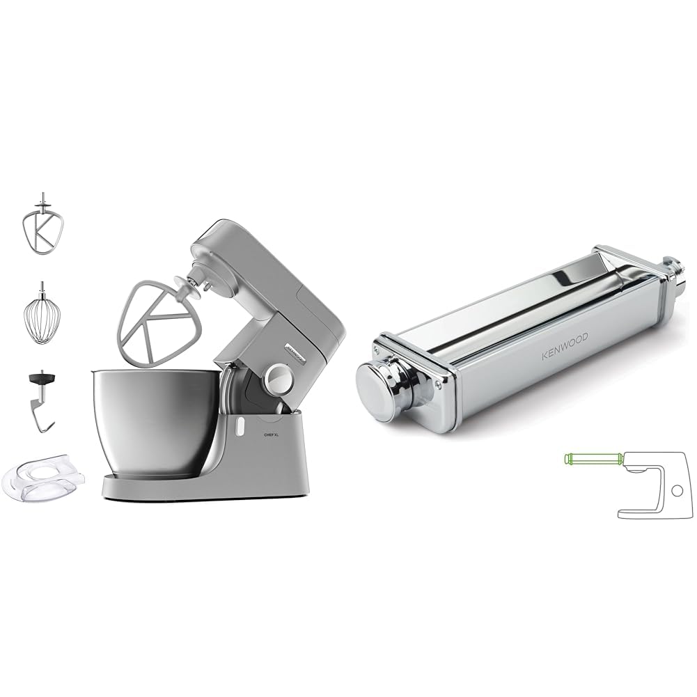 Kenwood KVL4100S Impastatrice Planetaria Chef XL con Ciotola da t,7L, 3 Ganci di Miscelazione & KAX99.A0ME Accessorio Sfogliatrice XL, Sfoglia di Pasta Larga fino a 22 cm