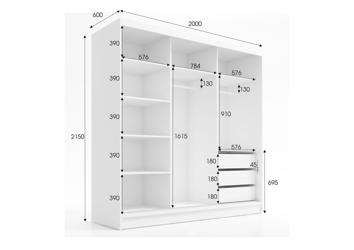 A&J MöbelLand Schwebetürenschrank LINA Kleiderschrank 200 cm mit Spiegel, 3 Schubladen & 3D-Lamellen (Weiß)