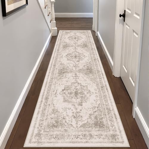 HUGEAR Alfombra Pasillo Larga Beige Alfombras Cocina Lavable Antideslizante Tapetes 60x240cm para Sala Habitacion Dormitorio Comedor Flor Vintage Tapete Pelo Corto