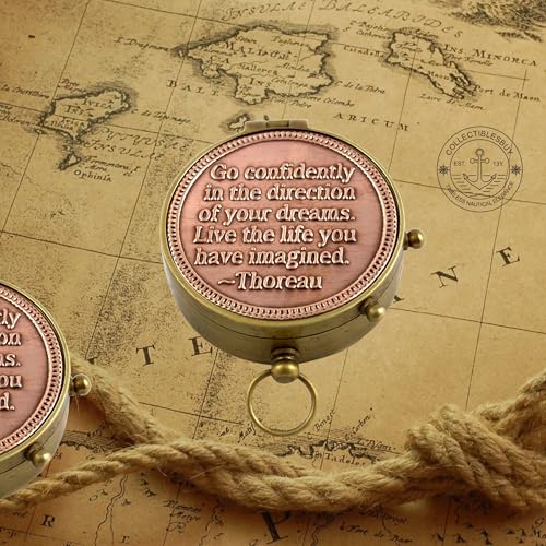 Brújula magnética de latón sólido con caja de madera estilo antiguo, decorativa náutica con dial de cobre grabado miniatura 4