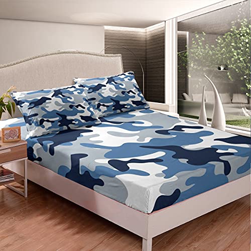 Erosebridal Kids Camouflage Fitted Sheet, Camouflage Design Bed Sheet Set for Boys Girls Teens Adult, Abstract Soft Colors Bedding Set, Navy Blue Grey Bed Cover with 1 Pillow Case, Twin,No T