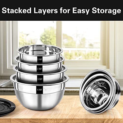 Foto von Wildone Rührschüssel Set, Edelstahl Schüssel 7er set mit luftdichten Deckeln, Stapelbar, Spülmaschinenfest, Größe 5, 3.5, 2.5, 2, 1,5, 1, 0,67 QT, ideal zum Mischen und Servieren