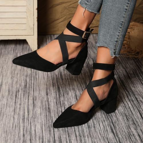 Pointed Toe Ankle Strap Dress Heels for Women Closed Toe Suede D'Orsay Shoes Women's Low Chunky Pumps with Cross Elastic Straps for Wedding Party Dating 2.4"3