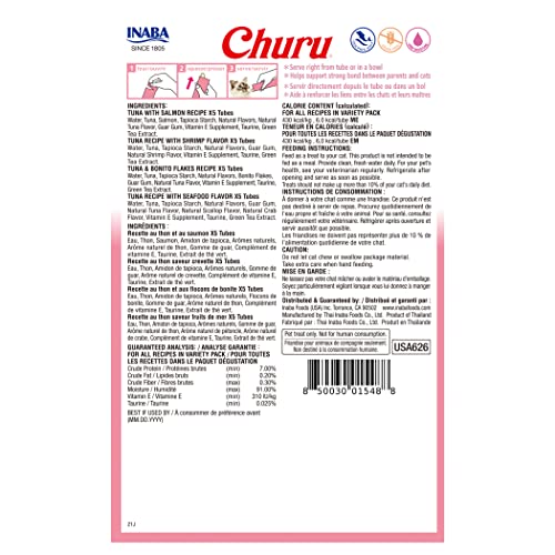 Inaba Churu Cat Treats, Grain-Free, Lickable, Squeezable Creamy Purée Cat Treat/Topper With Vitamin E & Taurine, 0.5 Ounces Each Tube, 20 Tubes, Seafood Variety Box #TOP1