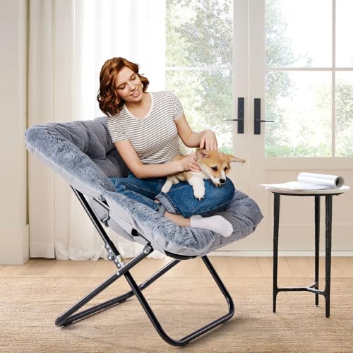 Image of Simple Deluxe Oversized Square Moon Chair for Adults, Soft Faux Fur Folding Lounge Chair with Sturdy Steel Frame, Comfortable Reading Gaming Chair for Living Room, Bedroom, Gray