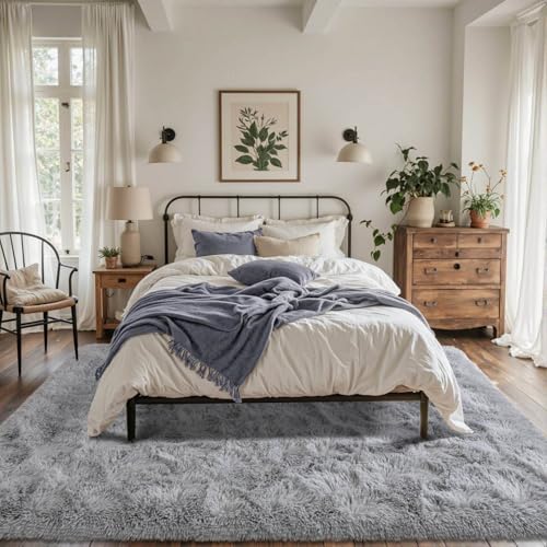 5x7 ft Light Grey Rug for Living Room Fluffy Bedroom Rug Non-Slip Area Rugs Shag Carpet for Nursery Kids Play Room Dorm Office Indoor Modern Plush Carpets Boys