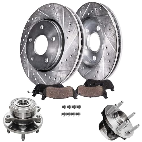 Image of Detroit Axle - Front Brake Kit for Ford 2013-2019 Explorer Police Interceptor Utility Drilled and Slotted Disc Brake Rotors Ceramic Brakes Pads Wheel Bearing Hubs Replacement : 13.86 inch inch Rotors