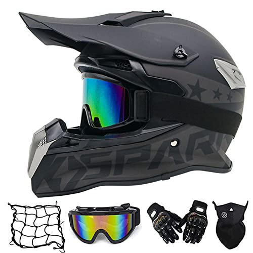 Motorrad Crosshelm mit Brille (4 Stück/ Schwarz / Großer Visieröffnung) Motocross Helm Fullface MTB Helm Cross Helm Motorradhelm für Fahrrad Downhill Enduro Bike BMX Off Road ATV,M