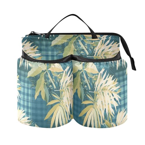 Travel Drink Cup Holder Portable Tropical Style Blue Plaid Green Leaves Dink Cup Holder Travel Accessories Gift Travelers Flight Attendants