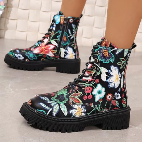 Women's Flowers Flat Ankle Boots Side Zipped Lace-Up Cowgirl Shoes Western Platform Winter Fall Combat Boots4