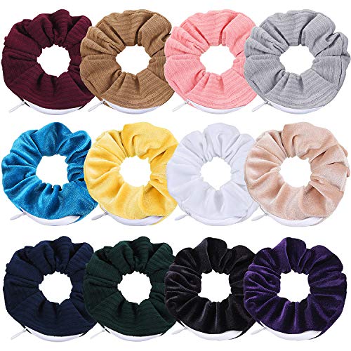 12 Pieces Velvet Pocket Hair Scrunchies Hidden Pocket Hair Ties Stripe Hair Bands with Zipper Pocket for Women Girls Colorful Hair Accessories