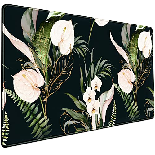 Desk Mat Black and Gold White Rose Flowers Decor Large Keyboard Mouse Pad for Laptop Pc Setup Desk Cover Protector Desk DéCor