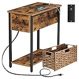 Rolanstar End Table with Charging Station & Rattan Basket, Narrow End Table with Drawer and USB Ports for Living Room, Nightstand Sofa Table for Bedroom Rustic Brown