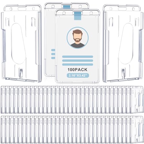 Patelai 100 Pcs Hard Plastic Badge Holder with Thumb Slot Dual Sided Clear Card Holder Badge Protector Vertical ID Holders for Badge Office School Driver's Licenses and Passes