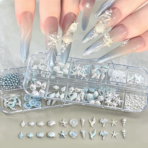 2 Boxes Hawaiian Beach Nail Charms 3D Resin Pearl Seashell Nail Rhinestones Blue White Aurora Starfish Conch Seahorse Nail Gems Summer Beach Coconut Tree Nail Jewelry for Women DIY Nail Decorations