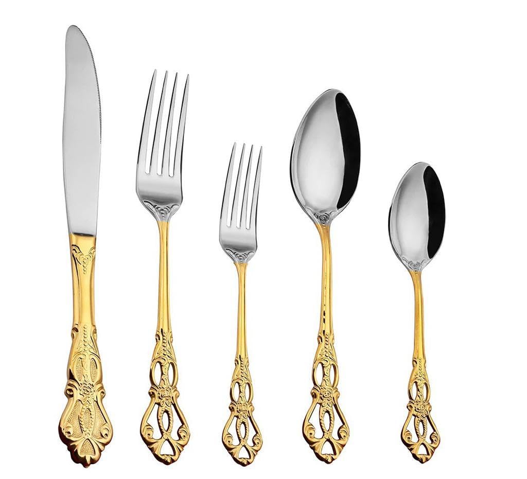 Luxury Silver and Gold Cutlery Set 30 pcs, 18/10 Stainless Steel Alloy Flatware Set for Fine Dining, Tableware Set with Fork, Spoon, Knife with Extra Dessert Fork and Dessert Knife by Konigtum