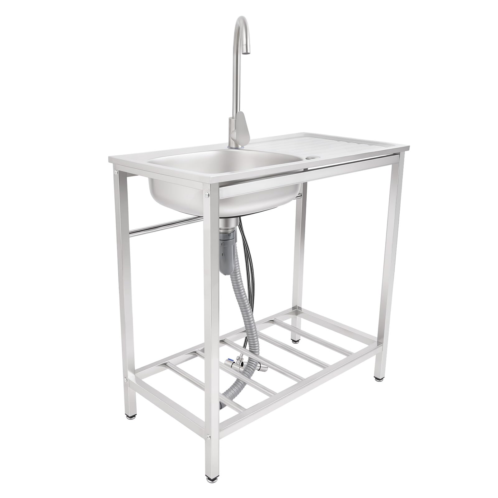 Fregadero de cocina independiente de acero inoxidable, 75 x 40 cm, con grifo | Fregadero de cocina independiente de acero inoxidable para jardín y terraza con desagüe y patas ajustables
