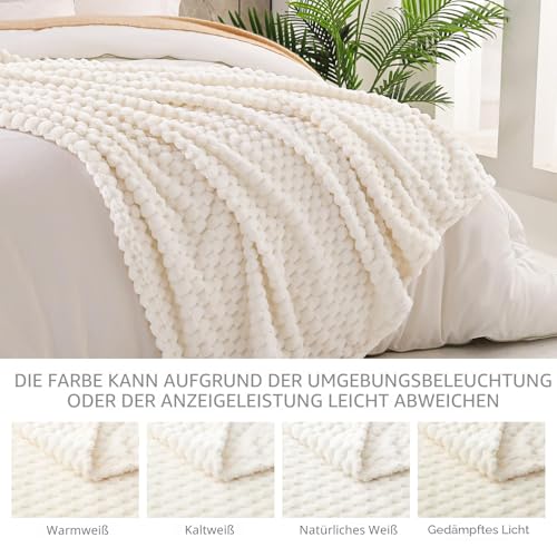 Exclusivo Mezcla Kuscheldecke Fleece Decke, Flauschige Sofadecke 150 x 200 cm, Jacquard-Überwurfdecke Wohndecke Tagesdecke, Warm und Leicht für Ganzjahreszeit, Elfenbein