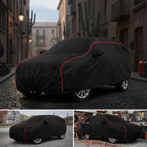 Image of Sulfar 100% Water Resistant Car Body Cover Compatible with Mirror for MG Windsor EV (Triple Stitched, Full Bottom Elastic, Black with Red Piping)