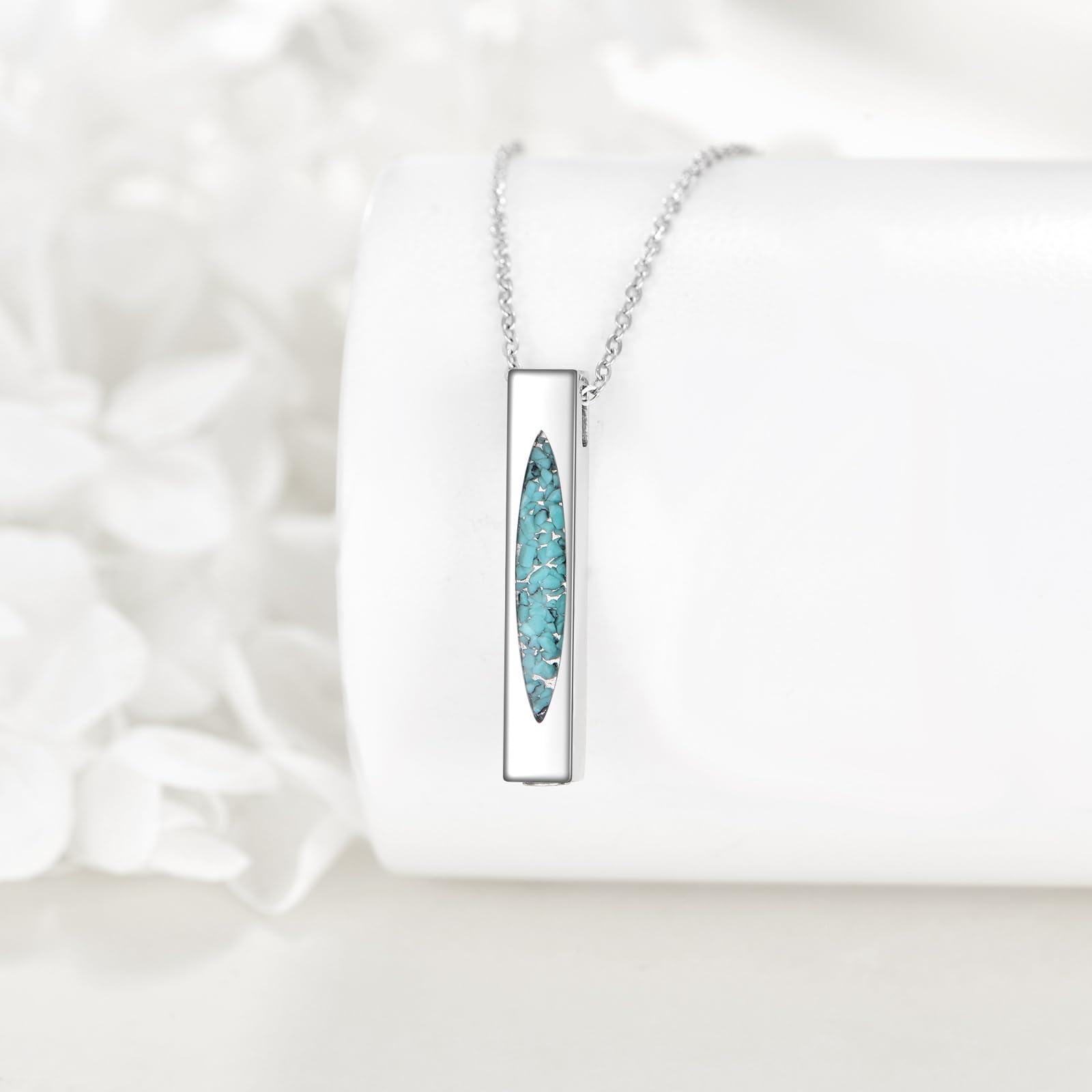 URONE Urn Necklace for Ashes 925 Sterling Silver Turquoise Urn Necklace with Hollow Bar for Ashes Memorial Keepsake Ashes Jewellery for Human Pets Ashes - Image 2