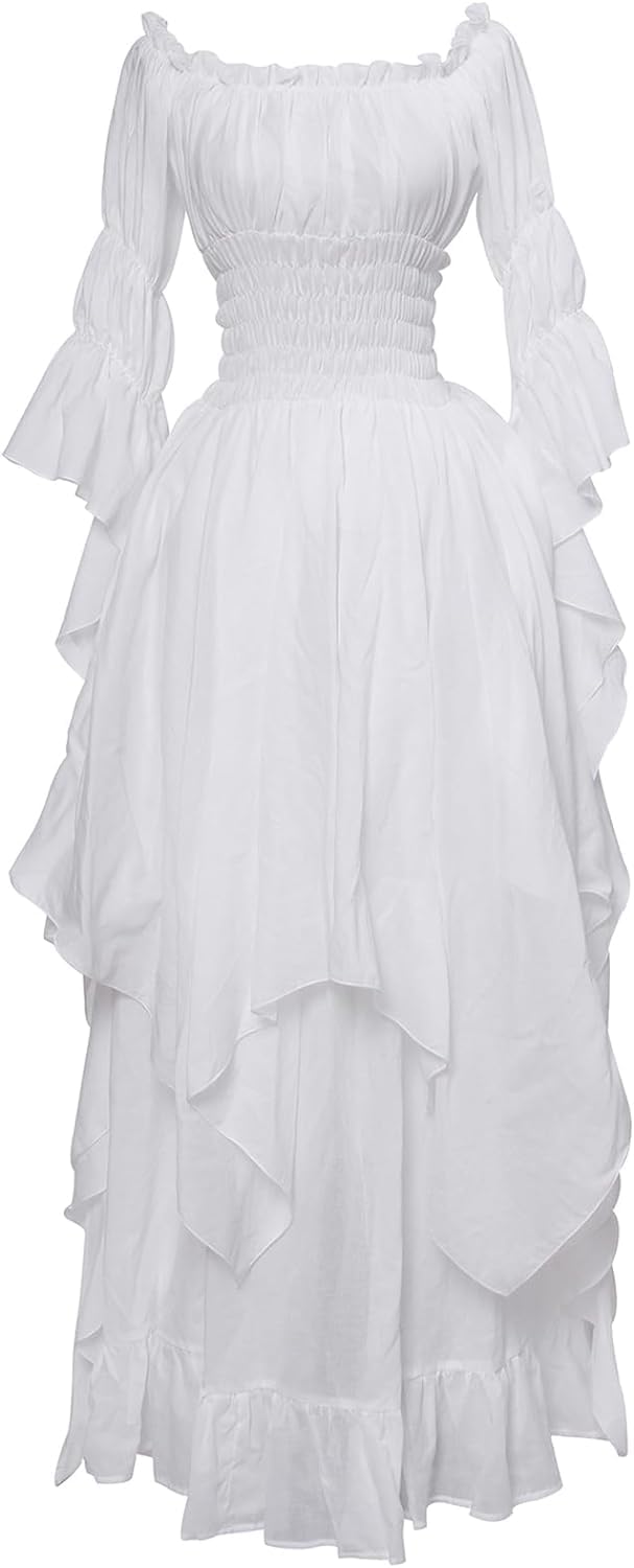 Fenxixione Women's White Lace Flared Sleeves Vintage Gothic Witch Dress Medieval Renaissance Costume Victorian Dress (,S)
