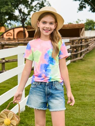 Image of Haloumoning Girls Tie Dye Short Sleeve Shirt Kids Summer Fashion Crewneck Tops Casual Tees 5-14 Years