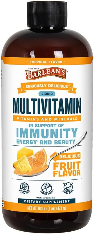 Barlean's Liquid Multivitamin for Women, Men & Kids, 21 Essential Vitamins & Minerals, Includes Biotin, B-Complex, Vitamins C, D3 & K2, Smoothie-Like Daily Supplement, Tropical Flavor, 16 fl oz