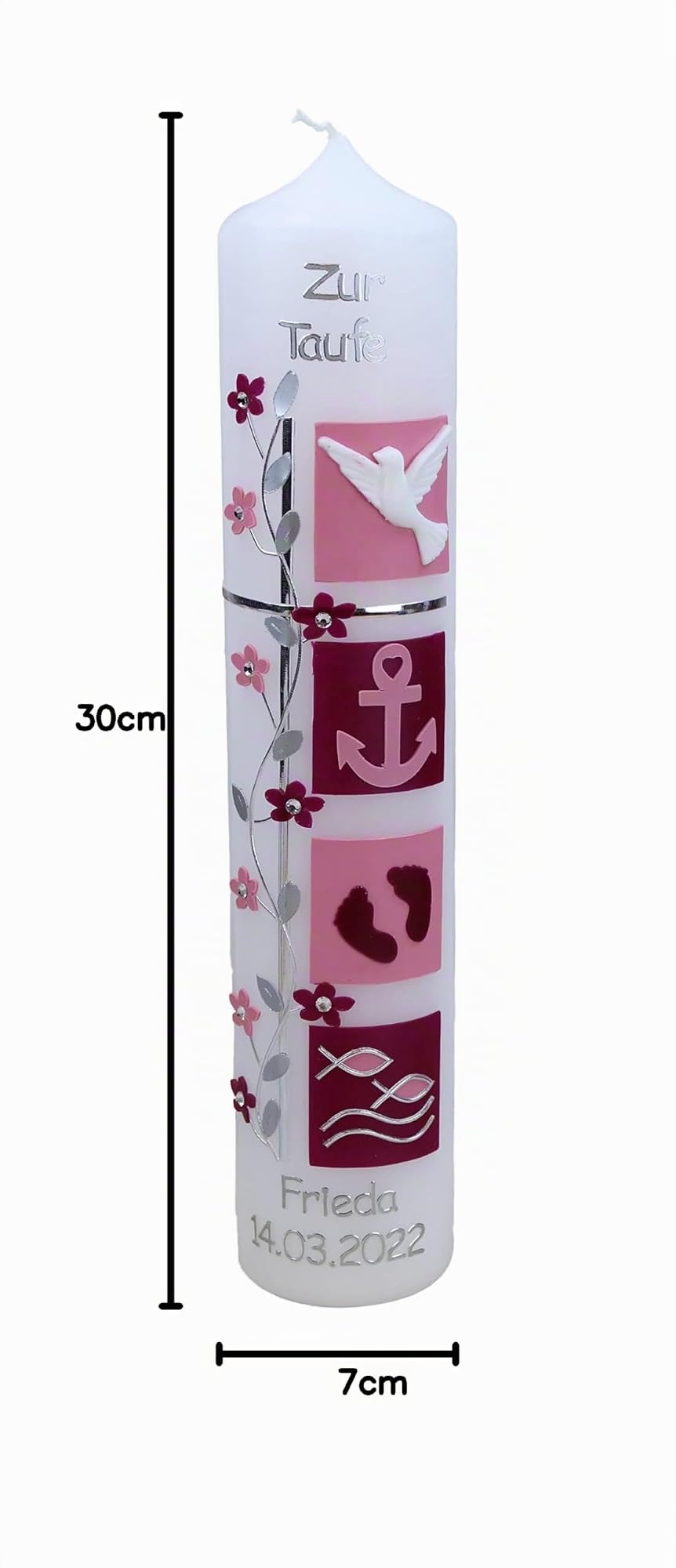 Taufkerze FRIEDA Junge oder Mädchen mit Name und Datum, individuell und handverziert 1259