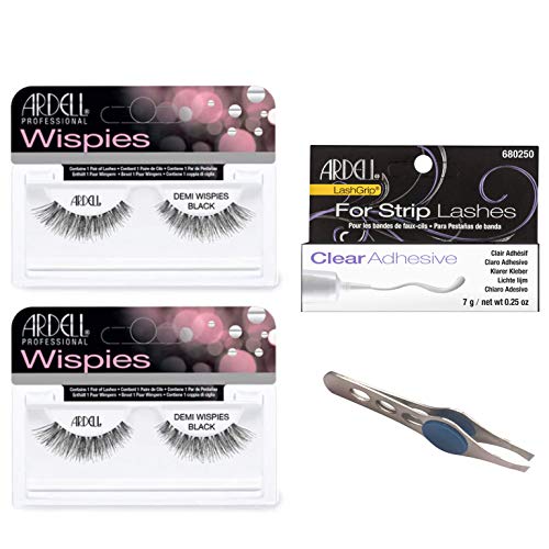 Ardell Demi Wispies False Eyelashes Black 2 Pack (Including Ardell LashGrip Clear Adhesive for Strip Lashes, 0.25 oz & Slant Precision Tweezers)