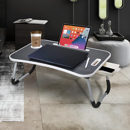 Image of Amazon Basics Engineered Wood Foldable Laptop Table with Cup Holder, Tablet Groove and Mini Drawer (60L x 40W x 26H cm, Black)