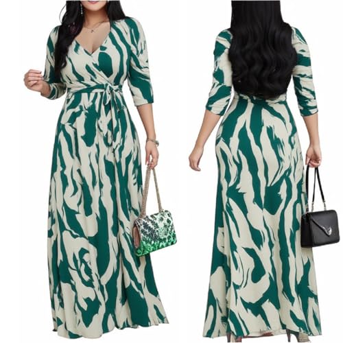 Image of Women's Church Maxi Wrap V Neck 3 /4 Sleeve Tie Waist Plus Size Long Dress | Flattering wrap V-neck design enhances curves. High elastic tie waist accentuates the slimmest part, hides tummy.
