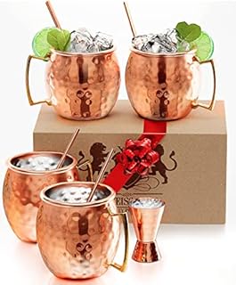 Moscow Mule Copper Mugs, Set Of 4 Brass Handle Copper Cups For Drinking, Each Mug is Handcrafted - Food Safe (Copper Plated Stainless Steel) (Set of 4)