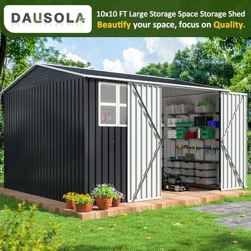 Image of DAUSOLA 10x9.87 FT Outdoor Storage Shed, Large Metal Tool Sheds with Updated Frame Structure and Lockable Doors, Garden Shed for Backyard Garden Patio Lawn, Grey