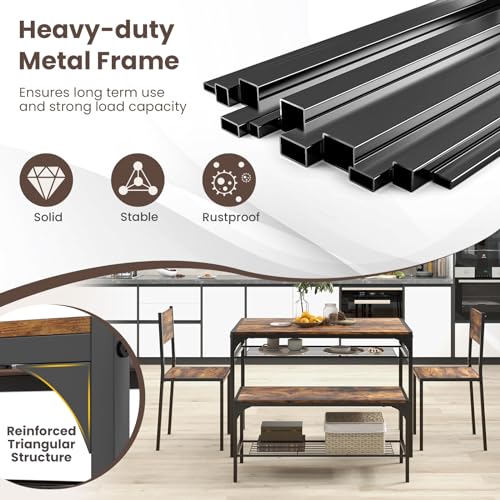 Image of Giantex Dining Table Set for 4, Kitchen Table with Chairs & Bench, Storage Racks, Metal Frame, 4-Piece Space-Saving Dinette Set for Dining Room, Breakfast Nook, Small Space, Apartment,Rustic Brown
