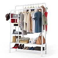 Klass Home Collection Heavy Duty Clothes Rail, 120KG White Metal Rack With Double Hanging Clothing Rail, Shoe Rack, Storage Shelves & 4 Coat Hooks, Wardrobe Clothes Rails For Bedroom Office Shop