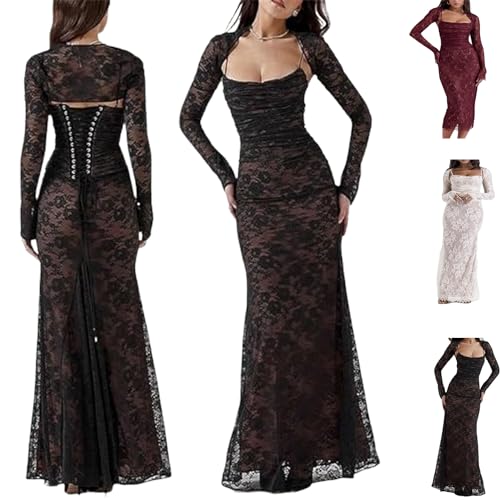 Vestido Largo con corsé de Encaje con cordón y Chal, Vestido Chal de 2 Piezas para Mujer (Small,Black)