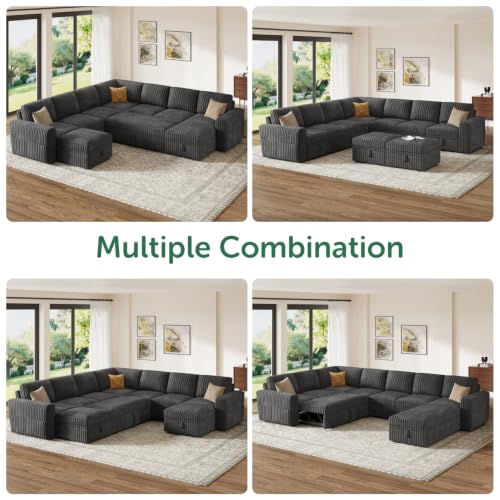 Image of HONBAY Modular Sectional Sleeper Sofa with Pull Out Bed Oversized Corduroy L Shaped Sofa Bed with Storage Couches for Living Room,Dark Grey