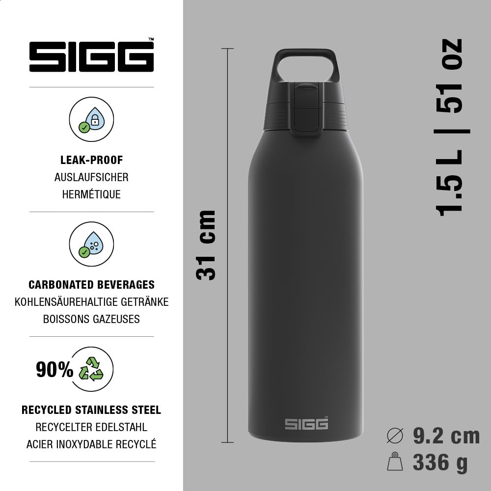 SIGG - Butelka do picia ze stali nierdzewnej – Shield ONE Black – nadaje się do napojów gazowanych – szczelna – lekka jak piórko – nie zawiera BPA – do użytku na zewnątrz i fitnessu – 1,5 l
