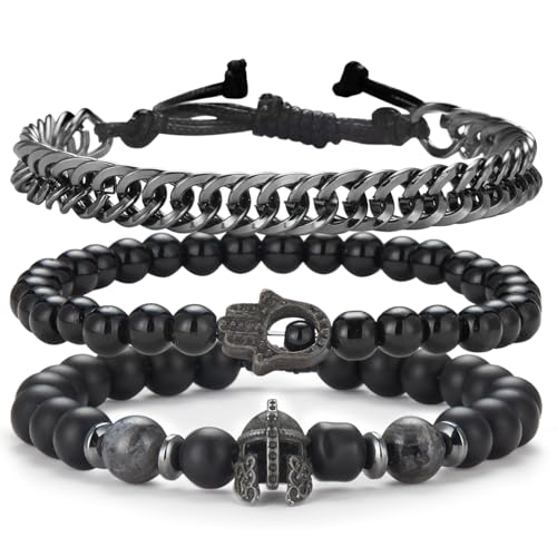 3pc Mens Beaded Bracelets Silver Stainless Steel Chain Bracelet for Men Handmade Braided Bracelet Sets Jewelry Gifts for Men