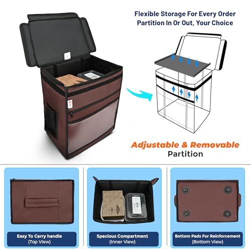 Image of Insulated Food Delivery Bag | Foldable Pizza & Multi-Meal Carrier | Thermal, Waterproof, Leak-Proof, Brown(14X10X18 Inch)