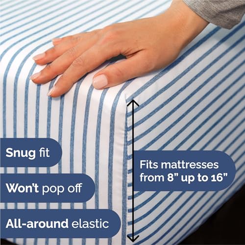 Image of Split King 7 Piece Bed Sheet Set - Breathable & Cooling - Blue Stripes | Ultra-Soft Hotel Luxury Bedding Set w / 8-16 Inch Deep Pockets, 1 Flat & 2 Fitted Sheet & 4 Pillowcases, Wrinkle & Fade Free