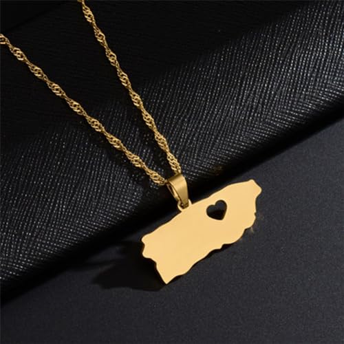 Puerto Rico Map Pendant Necklaces Stainless Steel PR Puerto Ricans Heart Map Jewelry Gifts (Gold)2