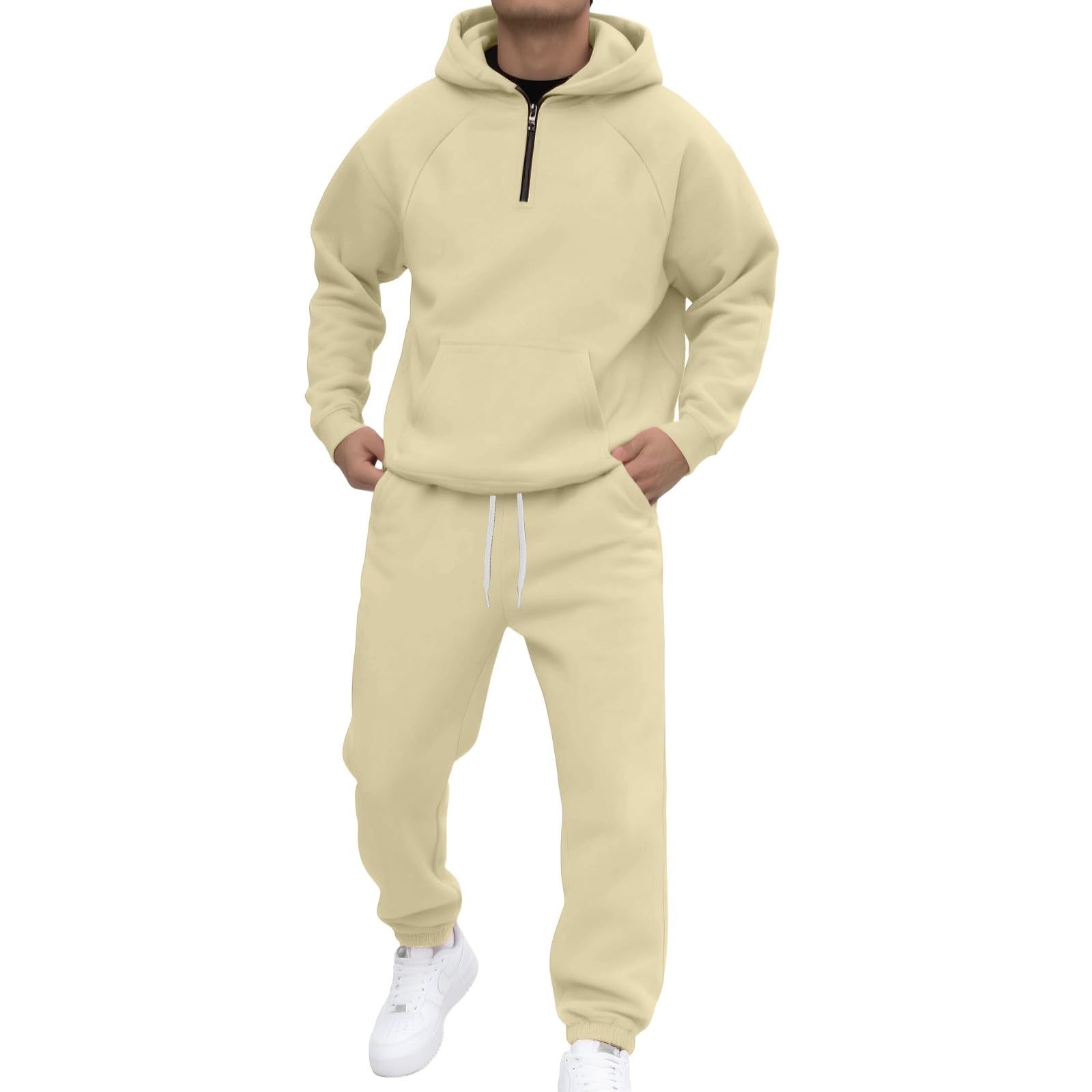 Generisch Tuta da uomo per il tempo libero, in tinta unita, 2 pezzi, tuta sportiva da uomo, con cerniera a 1/4, con cappuccio e pantaloni da jogging