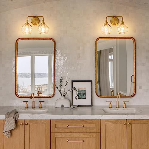 Image of Gold Bathroom Light Fixtures 2-Lights Vanity Lights with Clear Glass Shade Bathroom Vanity Light 14 Inch Wall Sconces(Exclude E26 Bulb)