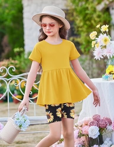 Image of Arshiner Girls Summer Outfits Short Sleeve Ruffle Hem Top and Biker Shorts Set Girl Clothes 4-15 Years
