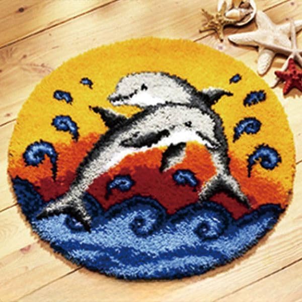 CraftsFabrics Playing Dophins Rug 60% Cotton 40% Polyester DIY Crafts Yarn Carpet Round Shape Animal Custom Latch Hook Rug Crochet Kits for Beginners Adults